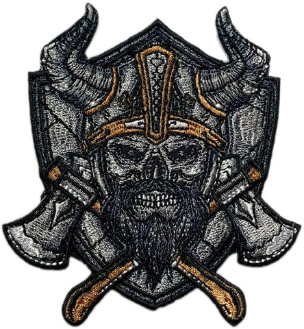 Viking Skull Axe Embroidered Patch ["Hook Brand" Fastener - 3.5 X 3.0 inch - VS4]
