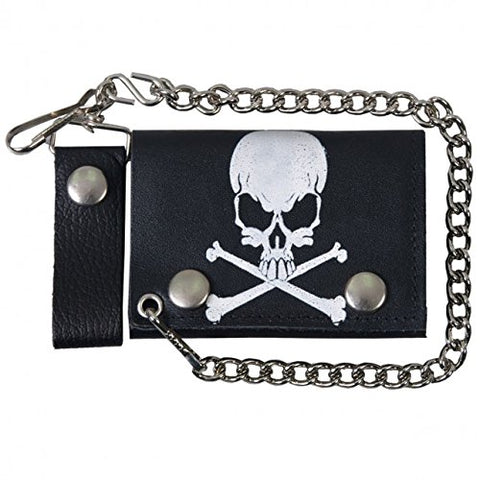 SKULLS & CROSSBONES, Detachable Chain & Leather Belt Loop Snap, Bikers Tri-Fold Leather WALLET