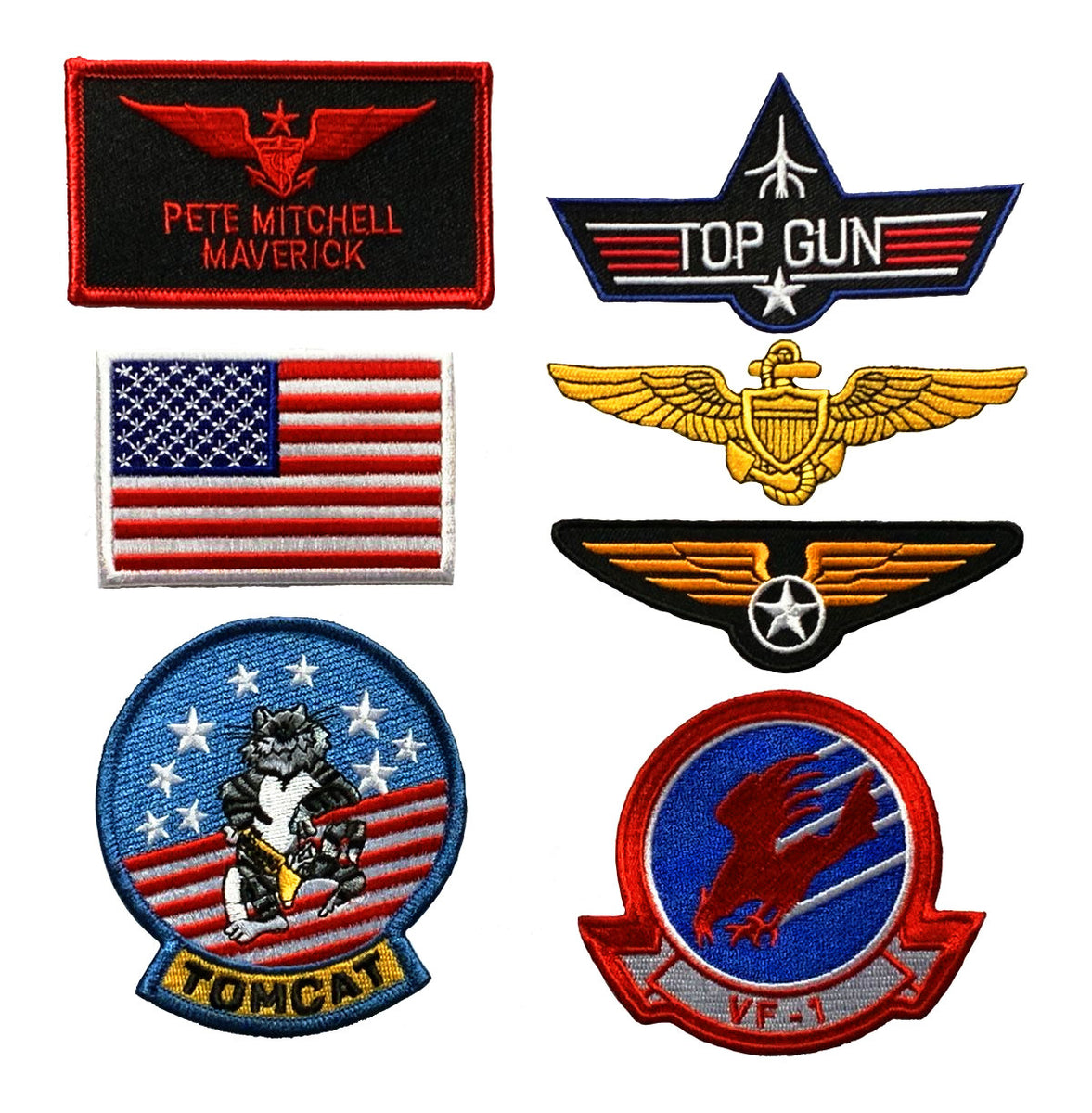 Top Gun Pete Mitchell Maverick Iron On Sew on Patch Set (7 PC Set Top Gun Pete Mitchell Maverick Iron On Sew on Patch Set (7 PC Set