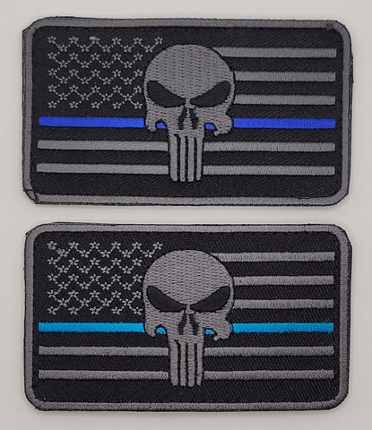 U.S. Flag Tactical Skull Thin Blue Line Patch 2 Pieces [Hook Fastener Backing MTP 19,30]