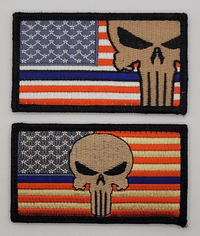 U.S. Flag Tactical Skull Thin Blue Line Patch 2 Pieces [Hook Fastener Backing MTP 10,11]