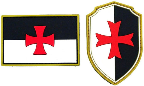 Knights Templar Cross Shield Flag Patch [2PC Bundle -“Hook Brand” Fastener - PVC Rubber]