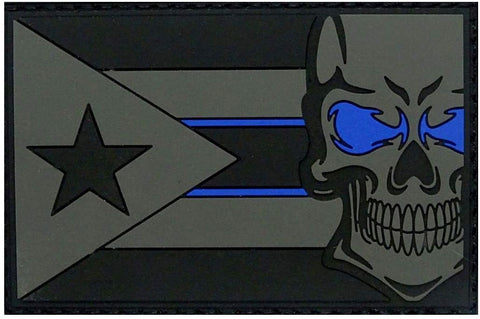 Puerto Rico Flag Skull Thin Blue Line Patch [3.0 X 2.0 -PVC Rubber -"Hook Brand" Fastener -PF7]