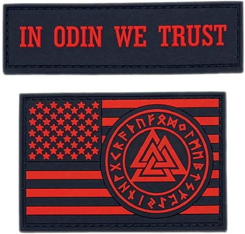 Odin We Trust USA Flag Valknut Patch [2PC Bundle-PVC Rubber-“Hook Brand” Fastener-V1,2]