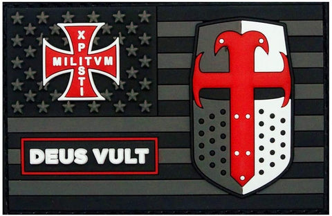 Deus Vult USA Flag Xpisti Militvm Christian Templar Knight Patch ["Hook Brand" Fastener - 3D PVC Rubber -XM1]