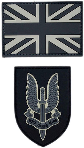 UK British Flag SAS Who Dares Win Patch [2PC Bundle - PVC Rubber -“Hook Brand” Fastener-PF1, S5]