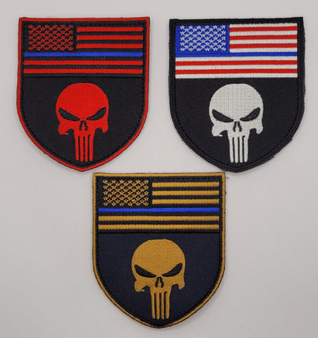U.S. Flag Tactical Skull Thin Blue Line Patch 3 Pieces [Hook Fastener Backing MTS 12, 20,21]
