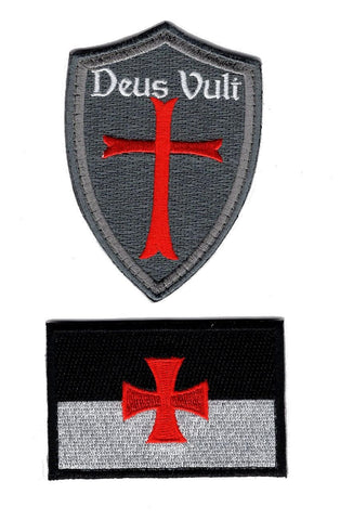 Deus Vult Cross Shield Christian Templar Knight 2pc Patch Bundle (Embroidered Hook)