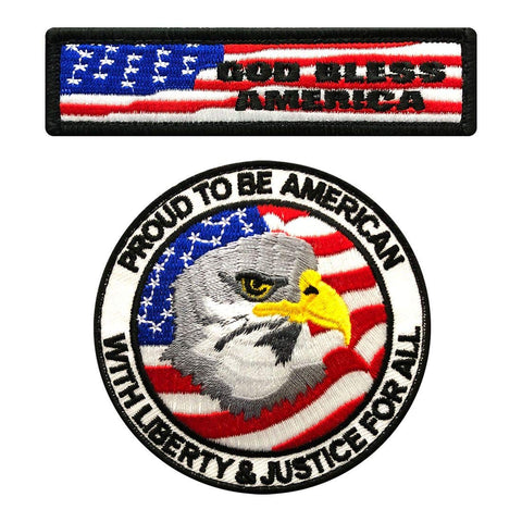 God Bless America Proud To Be An American 2pc Patch Bundle (Embroidered Hook)