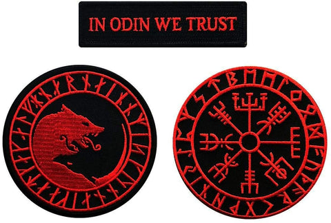 in Odin We Trust Úlfhédnar Wolf Viking Compass Vegvisir Patch [3pc Bundle-Hook Fastener -red/blk]