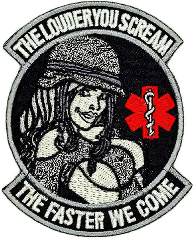 Louder You Scream Faster We Come Military Pinup Girl Patch [3.5 inch -“Hook Brand” Fastener -MZ5]