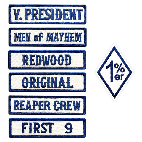 Officer Title Rank Vest Patches VP Reaper Crew First 9 MC 1%er Biker Club 7pc Patch Set (Iron On) (Blue/White)