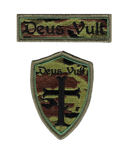 Deus Vult Cross Shield Christian Templar Knight 2pc Patch Bundle (Embroidered Hook) Camo