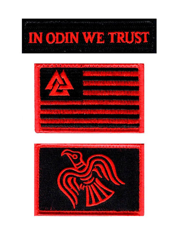 Valknut Flag Viking Odin's Raven In Odin We Trust 3pc Patch Bundle (Embroidered Hook) (Red)