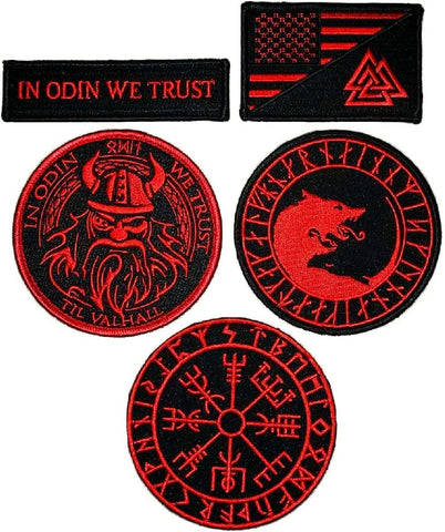 Miltacusa in Odin We Trust US Flag Valknut Úlfhédnar Wolf Viking Compass Vegvisir Patch [5PC Bundle -Iron On Sew on - Red/Blk]