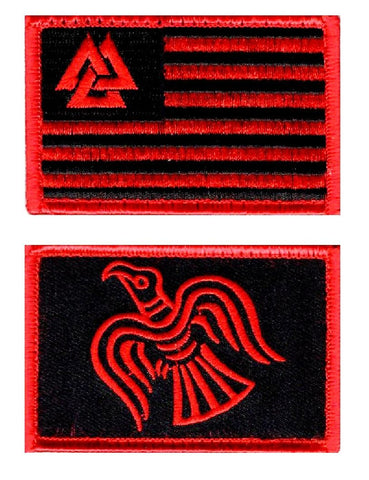 Valknut Flag Viking Odin's Raven 2pc Patch Bundle (Embroidered Hook) (Red)