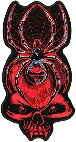 Black Widow Spider on Skull Head - Novelty Embroidered Biker Jacket Patch - Iron on Backing or Sew On