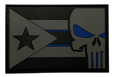 Puerto Rico Flag Punisher Thin Blue Line Patch [3D-PVC Rubber-3.0 X 2.0 inch -P15]