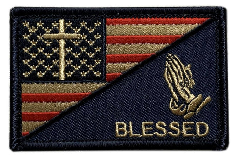 Blessed Praying Hand Cross USA Flag Subdued in God Christian Patch [“Hook Brand” Fastener - PB4]