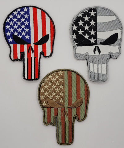 U. S. Flag Tactical Skull Patches 3 pc [Hook Fastener Backing PS1,2,4]