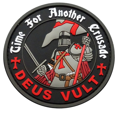 Deus Vult Time for Another Crusade Templar Knight Patch PVC Black with red and white text
