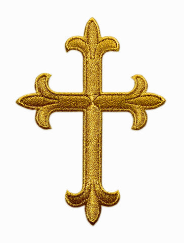 Gold Ornate Cross Fleur De Lis Embroidered Iron on Patch [4.0 inch Tall - GF8]