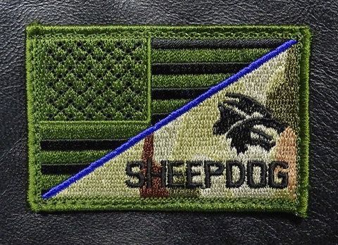 Sheepdog American Flag Thin Blue Line Patch (Embroidered Hook) (Green/Camo)