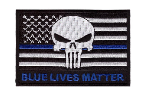 Thin Blue Line US Flag Punisher Skull Patch (Embroidered Hook)