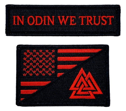 Odin We Trust USA Flag Valknut Viking Patch [2PC Bundle -Iron on Sew on -Red/Blk]