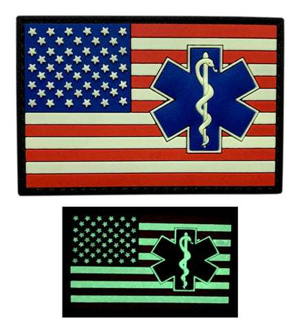 Medic EMT EMS Paramedic USA Flag Patch (3D PVC -Glow Dark-3.0 x 2.0-MU3)