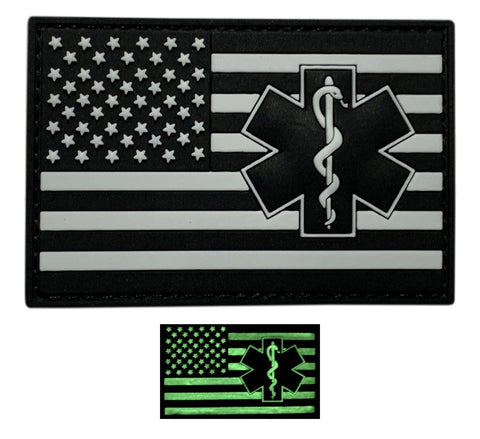 Medic EMT EMS USA Flag Patch (3D PVC -Glow Dark-3.0 x 2.0-MU1)