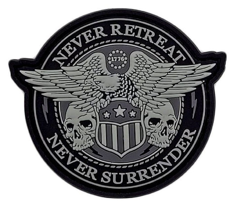 Never Surrender Never Retreat Eagle Shield Patch [PVC Rubber -Hook Fastener Backing -NS1]