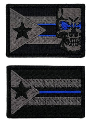 Puerto Rico Flag Skull Police Thin Blue Line Patch [2PC Bundle - Hook Fastener Backing -P12-11A]