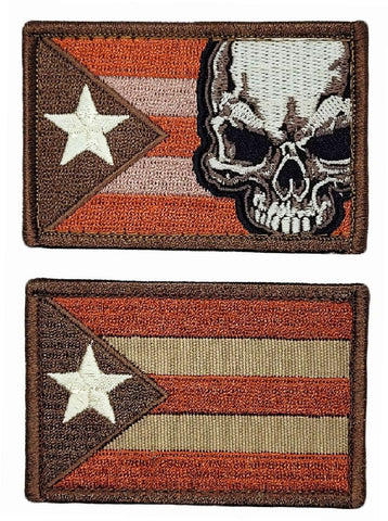 Puerto Rico Flag Skull Embroidered Patch [2PC Bundle -3.0 X 2.0 -“Hook Brand” Fastener -PR1,PRY1]