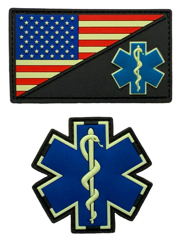 EMT USA Flag Medic EMS Paramedic Patch (2PC Bundle - 3D-PVC Rubber -Glow Dark)