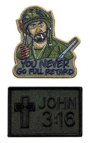 John 3:16 Never Go Full Retard Humor Funny Inspired Tactical Patch [2PC Bundle -"Hook Brand" Fastener -MIL1]