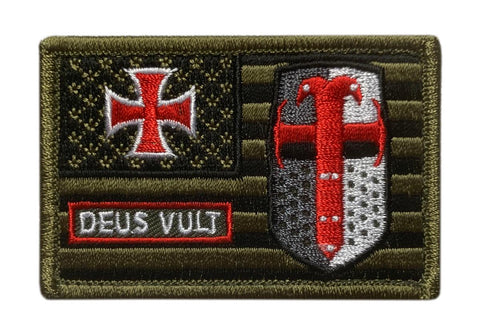 Deus Vult USA Flag Christian Templar Knight in God Wills Patch ["Hook Brand" Fastener -MD2]