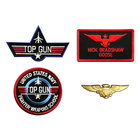 Top Gun Nick Bradshaw Goose 4pc Patch Set (Embroidered Hook W/ Aviator Wings Pin)