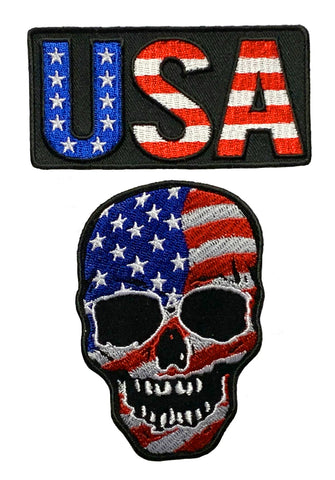 USA Flag Skull USA Name Patriotic Patch [2PC Bundle -“Hook Brand” Fastener - MTU1]