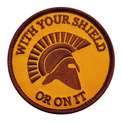 With Your Shield Or On It Spartan Helmet Patch (Embroidered Hook) (Yellow/Brown)